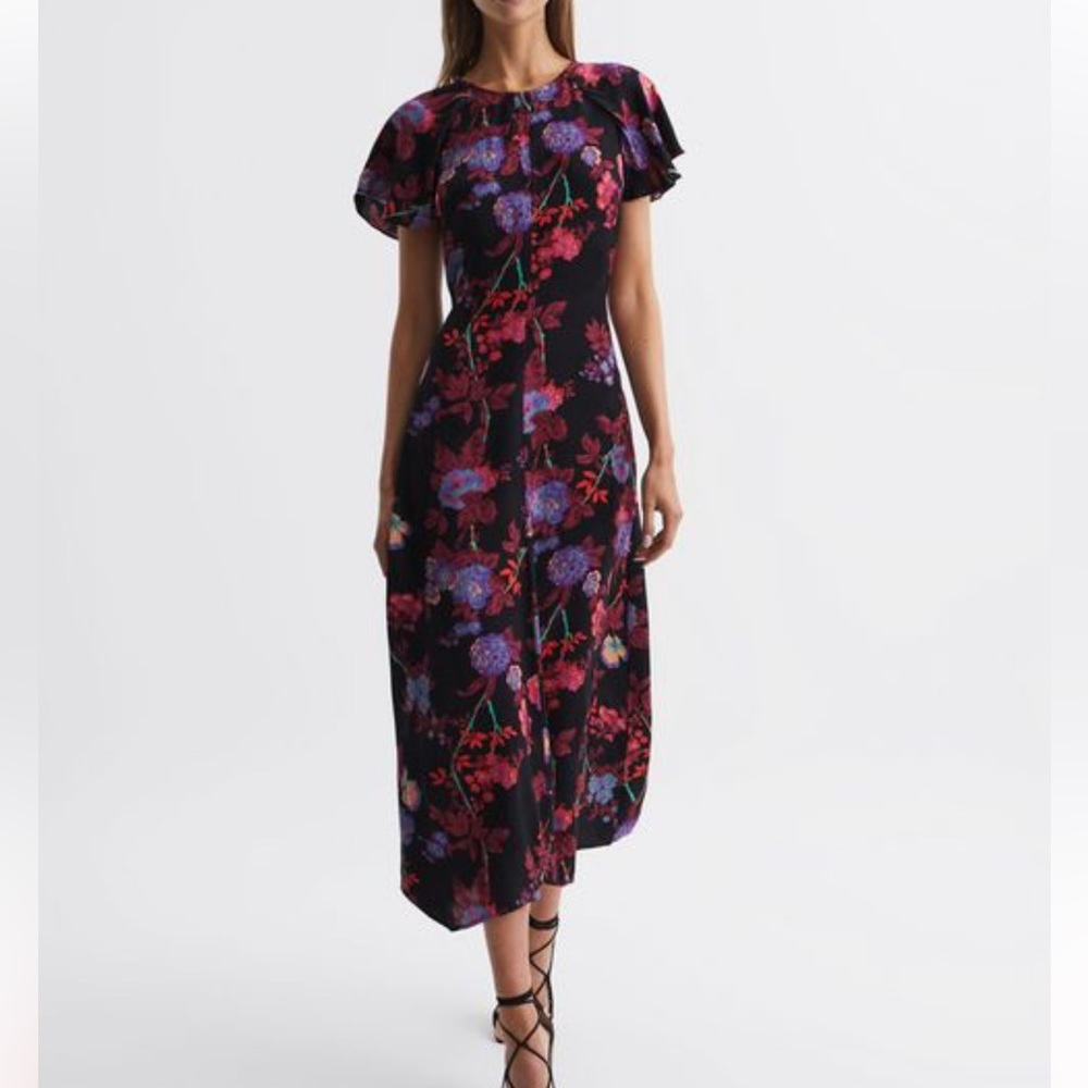 REISS NWT Cinched Waist X Cross Straps Cap Sleeve Midi Length Dress Size12 - Picture 5 of 14